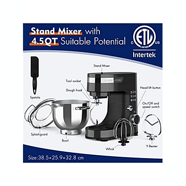 Whall Kinfai Electric Kitchen Stand Mixer Machine with 4.5 Quart Bowl for Baking, Dough, Cooking, Black. View a larger version of this product image.