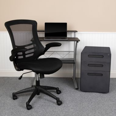Flash Furniture Calder Work From Home Kit - Black Computer Desk, Ergonomic Mesh Office Chair and Locking Mobile Filing Cabinet with Inset Handles. View a larger version of this product image.