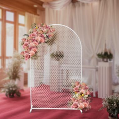 Infinity Merch Wedding Arch Door Flower Balloon Rack Background White. View a larger version of this product image.
