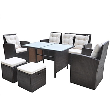 vidaXL 6 Piece Patio Dining Set with Cushions Poly Rattan Brown. View a larger version of this product image.