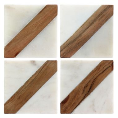 Laurie Gates California Designs Mango Wood and White Marble Square 4 Piece Coaster Set. View a larger version of this product image.