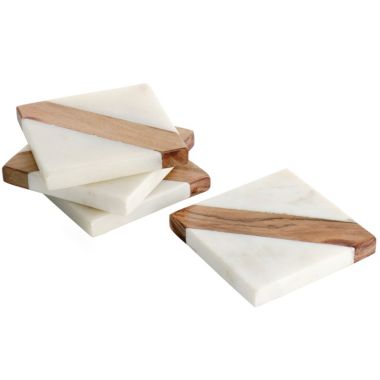 Laurie Gates California Designs Mango Wood and White Marble Square 4 Piece Coaster Set. View a larger version of this product image.