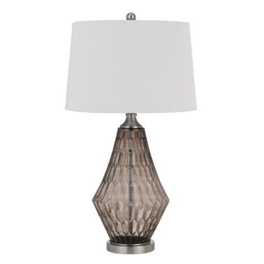Saltaro Sherpi 31 Inch Glass Table Lamp with Dimmer, Geometric Base, Brown- Saltoro Sherpi. View a larger version of this product image.