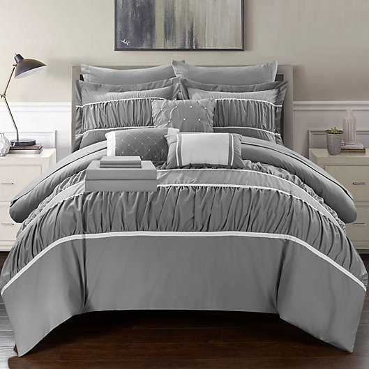 Gray Ruched Ruffled 10-Piece Complette Comforter Set Old World Charm King Size 