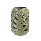 7" Elegant Moss Green Cutout Leaf Ceramic Candle Holder Lantern