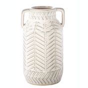 Urban Trends Collection Ceramic Round Vase with Side Handles and Embossed Chevron Pattern Design Body SM Gloss Finish White