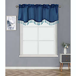 Kate Aurora Luxurious Solid Colored Scalloped Rod Pocket Window Valance With Crystal Beaded Trim - Navy