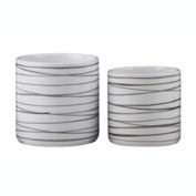 Urban Trends Collection Ceramic Round Pot Planters with Horizontal Dark Gray Lines Design Set of Two Gloss Finish White