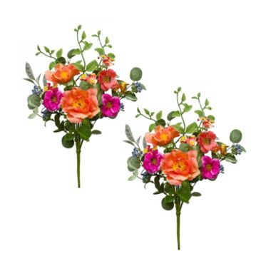 Melrose Set of 2 Orange and Purple Abundant Blooms Spring Mixed Floral Bouquet 16.5". View a larger version of this product image.