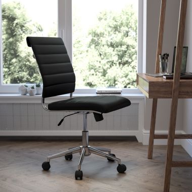 Flash Furniture Hansel Mid-Back Armless Black LeatherSoft Contemporary Ribbed Executive Swivel Office Chair. View a larger version of this product image.