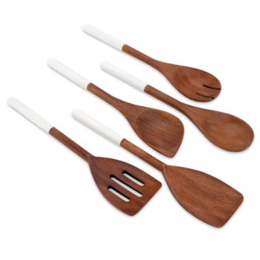 Chef Pomodoro Cooking Wooden Utensils, Spoons, Spatula for Kitchen, 5-Piece Set, 12" Long, Non Stick Cookware Tools or Utensils Includes Wooden Spoon, Spatula, Fork, Slotted Turner (White). View a larger version of this product image.