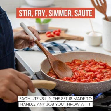 Chef Pomodoro Cooking Wooden Utensils, Spoons, Spatula for Kitchen, 5-Piece Set, 12" Long, Non Stick Cookware Tools or Utensils Includes Wooden Spoon, Spatula, Fork, Slotted Turner (White). View a larger version of this product image.