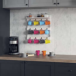 Emma and Oliver Maxwell Whitewash Wall Mounted Mug Rack with 12 Coffee Cup Hangers and Built-In Shelf for Coffee, Sugar & More