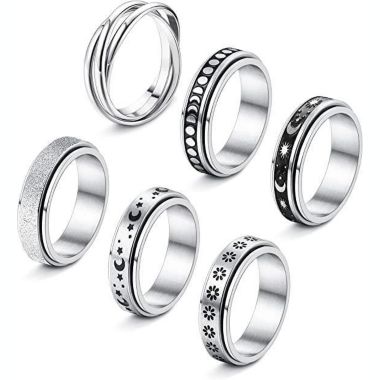 GoodMerchan - Women's Spinner Ring Set - Black Silver - 6 Pack - Relieve stress with spinner rings. View a larger version of this product image.