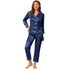 Alternate image 0 for Allegra K Women's Sleepwear Pajama Satin Button Down Smooth 2 Pieces Lounge Long Sleeves Notch Collar Pocket Elastic Waist Pajama Set Medium Dark Blue