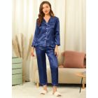 Alternate image 1 for Allegra K Women's Sleepwear Pajama Satin Button Down Smooth 2 Pieces Lounge Long Sleeves Notch Collar Pocket Elastic Waist Pajama Set Medium Dark Blue