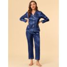 Alternate image 2 for Allegra K Women's Sleepwear Pajama Satin Button Down Smooth 2 Pieces Lounge Long Sleeves Notch Collar Pocket Elastic Waist Pajama Set Medium Dark Blue