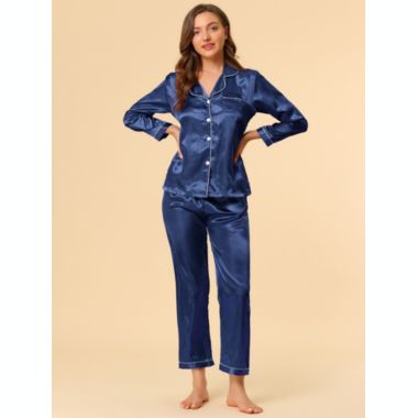Allegra K Women's Sleepwear Pajama Satin Button Down Smooth 2 Pieces Lounge Long Sleeves Notch Collar Pocket Elastic Waist Pajama Set Medium Dark Blue. View a larger version of this product image.
