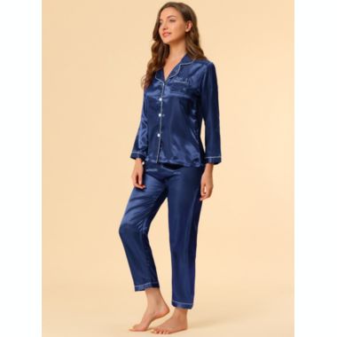 Allegra K Women's Sleepwear Pajama Satin Button Down Smooth 2 Pieces Lounge Long Sleeves Notch Collar Pocket Elastic Waist Pajama Set Medium Dark Blue. View a larger version of this product image.