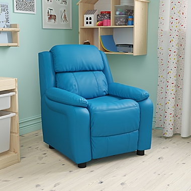 Flash Furniture Deluxe Padded Contemporary Turquoise Vinyl Kids Recliner with Storage Arms. View a larger version of this product image.
