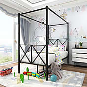 Infinity Merch Metal Platform Canopy Bed Frame with X Shaped in Twin Black