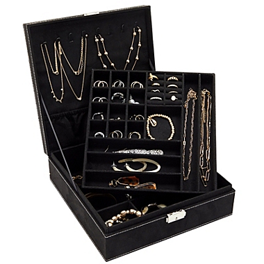 Juvale Two Layer Black Jewelry Box Organizer with Lock and Key, Display Case with Removable Tray (10.5 x 10.5 inch). View a larger version of this product image.