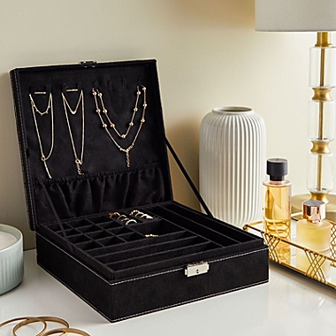 Juvale Two Layer Black Jewelry Box Organizer with Lock and Key, Display Case with Removable Tray (10.5 x 10.5 inch). View a larger version of this product image.