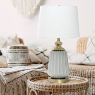 Elegant Designs 25" Traditional Farmhouse Pleated Ceramic Endtable Bedside Table Desk Lamp With Metal Accents And White Fabric Shade, Gray. View a larger version of this product image.