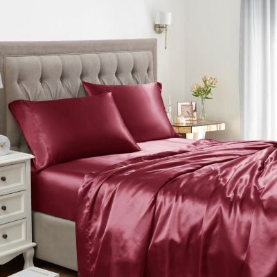Sweet Home Collection   Satin 4-Piece Bed Sheets Set - Silky Soft & Royal Luxury Fashion Solid Sheet Set, Queen, Burgundy Red
