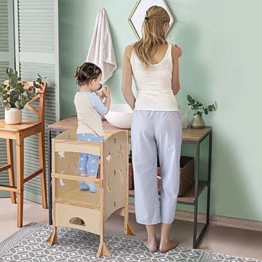 Qaba Kitchen Step Stool for Kids Wooden Foldable Helper Stool with Support Handles Safety Rail Cooking Stool Stand for Toddler Kitchen Bathroom Counter Step Non-Slip Natural. View a larger version of this product image.