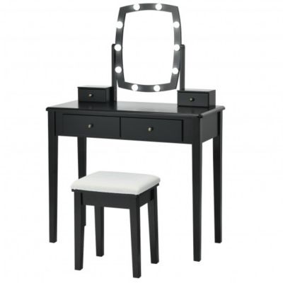 Costway Vanity Table Set with Lighted Mirror for Bedroom and Dressing Room-Black