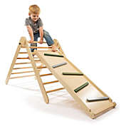 JumpOff Jo - Wooden 3-in-1 Triangle Climber with Ladder & Slide  - Solid Natural Wood w/ Green, Grey