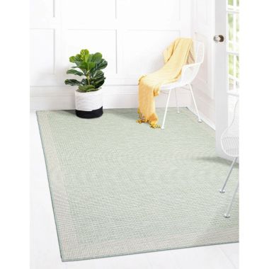 Chaudhary Living 6.5' x 9.5' Mint Green and Off White Bordered Solid Rectangular Area Throw Rug. View a larger version of this product image.