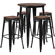 Flash Furniture Bailey 30" Round Black Metal Bar Table Set with Wood Top and 4 Backless Stools