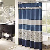 Serene Faux Silk Embroidered Floral Shower Curtain Navy 72x72"