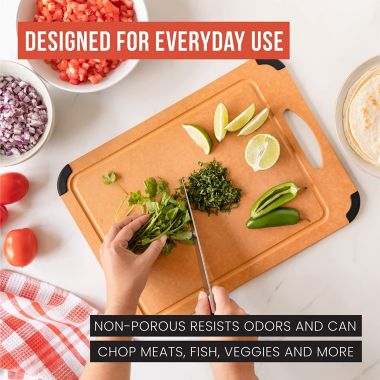 Chef Pomodoro Wood Cutting Board for Kitchen, Dishwasher Safe, Dual-Sided with Juice Groove, Non-Porous Non-Slip Scratch-Resistant Surface, Easy Grip Handle, 17.3 x 12.8 inches. View a larger version of this product image.