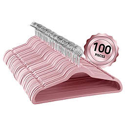 Elama Home 100 Piece Velvet Slim Profile Heavy Duty Felt Hangers with Stainless Steel Swivel Hooks in Pink
