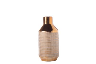 Urban Trends Collection Ceramic Round Vase with Brushed Banded Lattice Design Body and Tapered Bottom Gloss Finish Gold