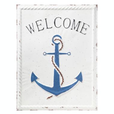 Urban Trends Collection Metal Rectangle Wall Decor with "Welcome on Anchor" and Embossed Rope Side Design Distressed Finish White. View a larger version of this product image.