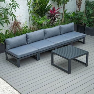 LeisureMod Chelsea 5-Piece Middle Patio Chairs and Coffee Table Set Black Aluminum With Cushions - Blue. View a larger version of this product image.