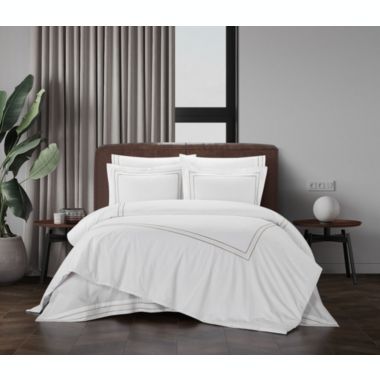 Chic Home Alexander Cotton Duvet Cover Set Solid White With Dual Stripe Embroidered Hotel Collection Bedding - Includes Two Pillow Shams - 3 Piece - Queen 92x96, Beige. View a larger version of this product image.