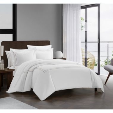 Chic Home Alexander Cotton Duvet Cover Set Solid White With Dual Stripe Embroidered Hotel Collection Bedding - Includes Two Pillow Shams - 3 Piece - Queen 92x96, Beige. View a larger version of this product image.