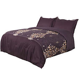 PiccoCasa Comfortable 3 Pieces Comforter Sets Luxury Floral Pattern Duvet Bed Sets Down Alternative Comforter with Solid Pillowcase Soft and Lightweight for All-Season Dark Purple Queen