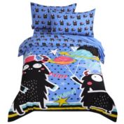 PiccoCasa Cutey Kids Kids Duvet Cover Set, 5 Piece Bedding Set Soft Fade & Wrink Black Cartoon Print with 2 Pillowcases Fitted Sheet Flat Sheet Twin