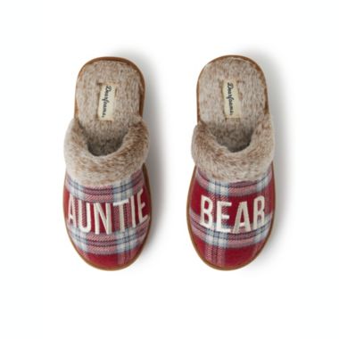 Dearfoams Women's Auntie Bear Red Plaid Scuff Slippers. View a larger version of this product image.