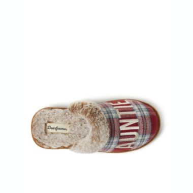 Dearfoams Women's Auntie Bear Red Plaid Scuff Slippers. View a larger version of this product image.