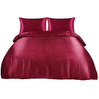 PiccoCasa Solid Satin Duvet Cover Set 3 Piece, Silky Satin Comforter Cover Set Super Soft Breathable Microfiber, 1 Duvet Cover + 2 Pillowcases Queen Burgundy. View a larger version of this product image.
