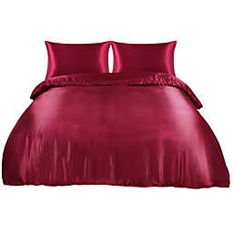 PiccoCasa Satin Duvet Cover Set Of 3, With 2 Pillowcase, Queen Burgundy