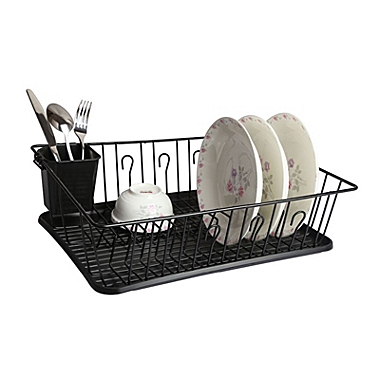 MegaChef 17.5 Inch Black Dish Rack with 14 Plate Positioners and a Detachable Utensil Holder. View a larger version of this product image.