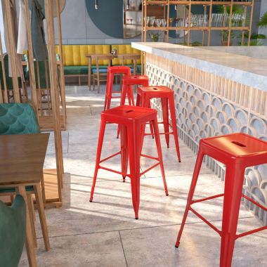 Flash Furniture Kai Commercial Grade 30" High Backless Red Metal Indoor-Outdoor Barstool with Square Seat. View a larger version of this product image.
